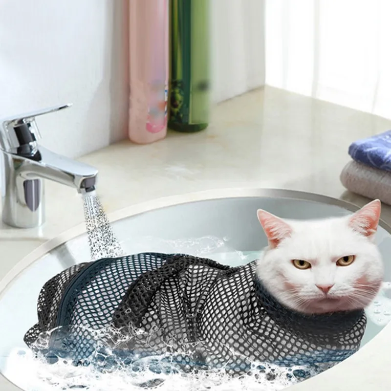 Cat Bathing Bag Adjustable Cat Grooming Net Bag Anti-bite Anti-Scratch Cat Bath Washing Restraint Bag for Shower Nail Trimming