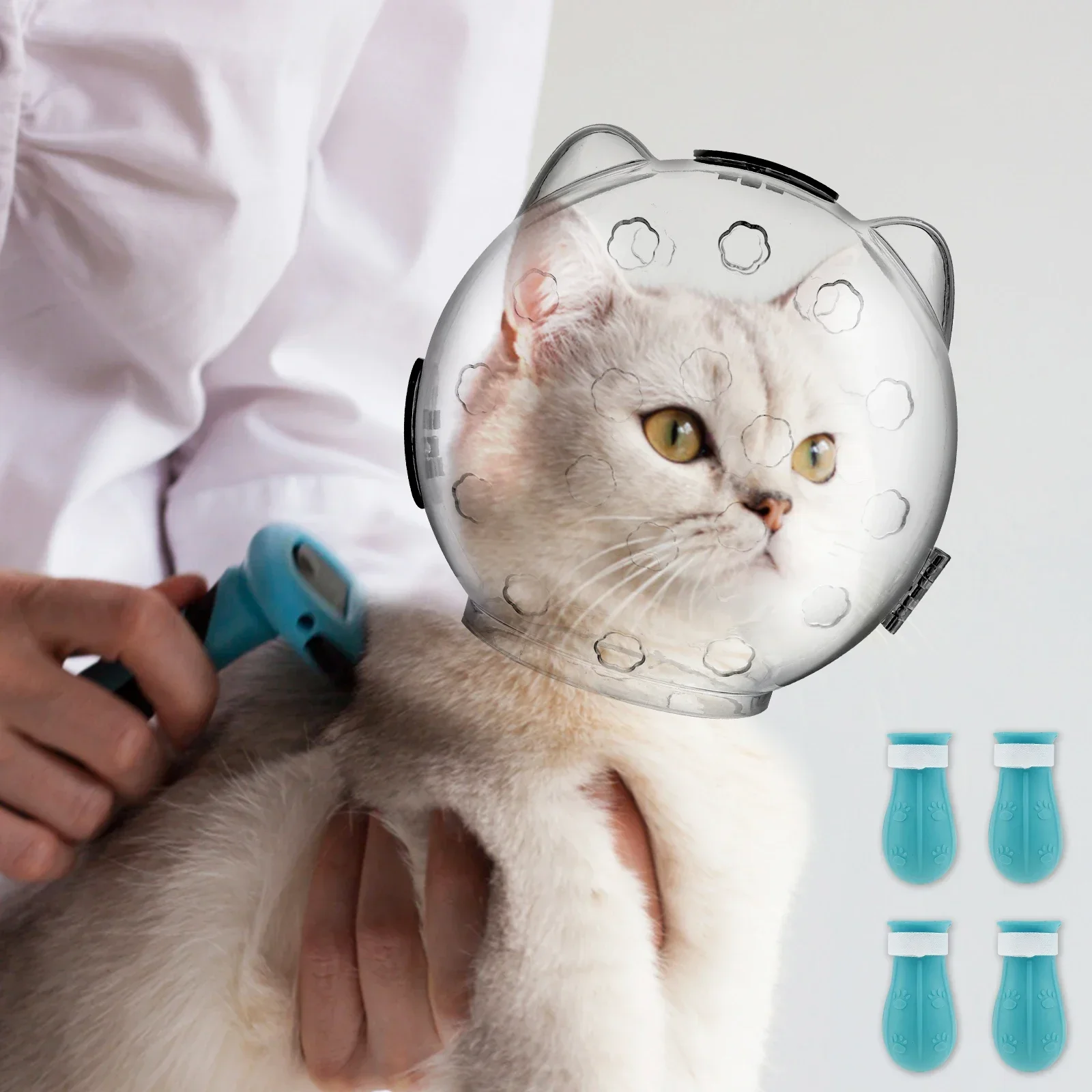 Cat Muzzle Breathable Transparent Anti-Bite Protective Space Hood Set Durable Cat Grooming Accessories with 4 Silicone Paw Shoes