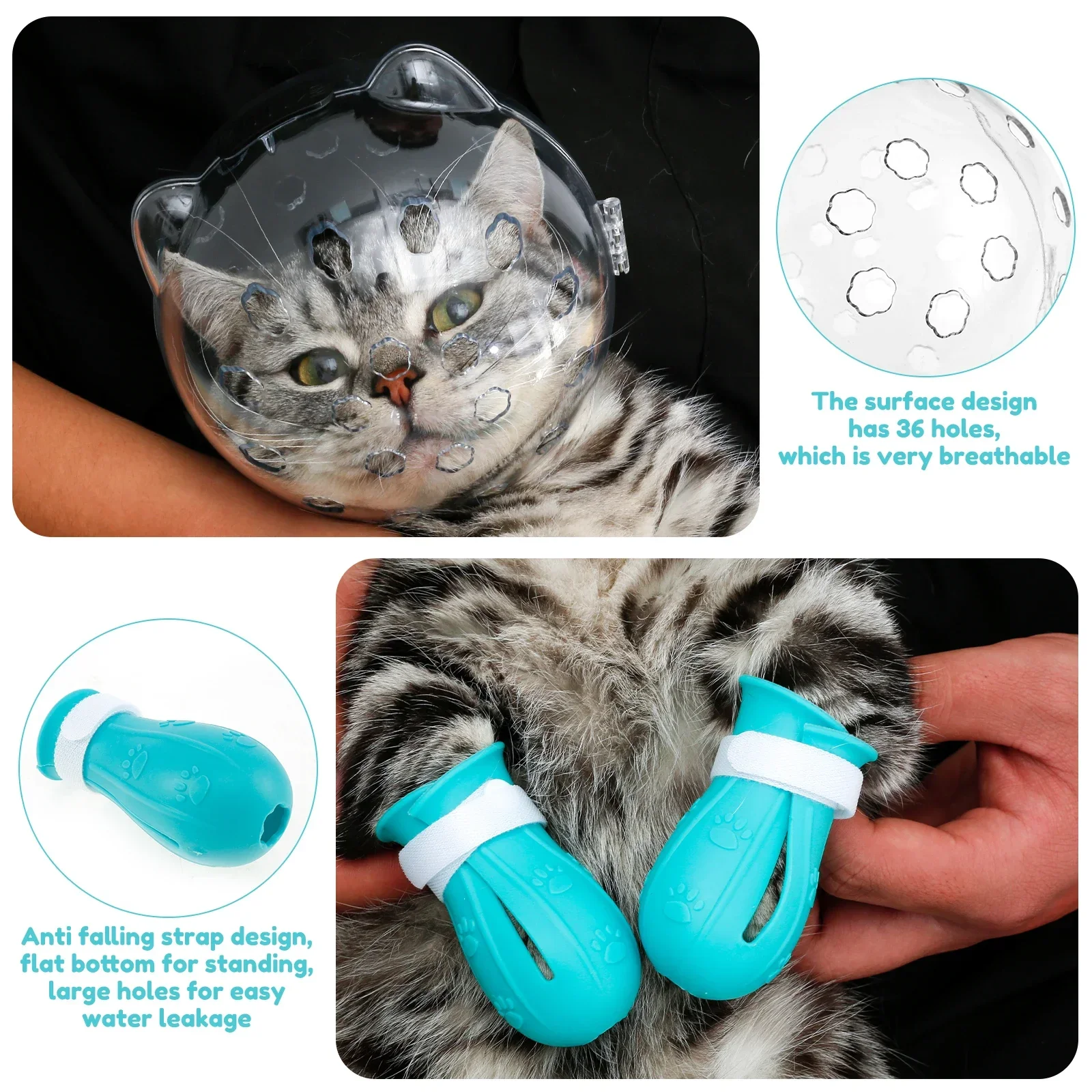 Cat Muzzle Breathable Transparent Anti-Bite Protective Space Hood Set Durable Cat Grooming Accessories with 4 Silicone Paw Shoes
