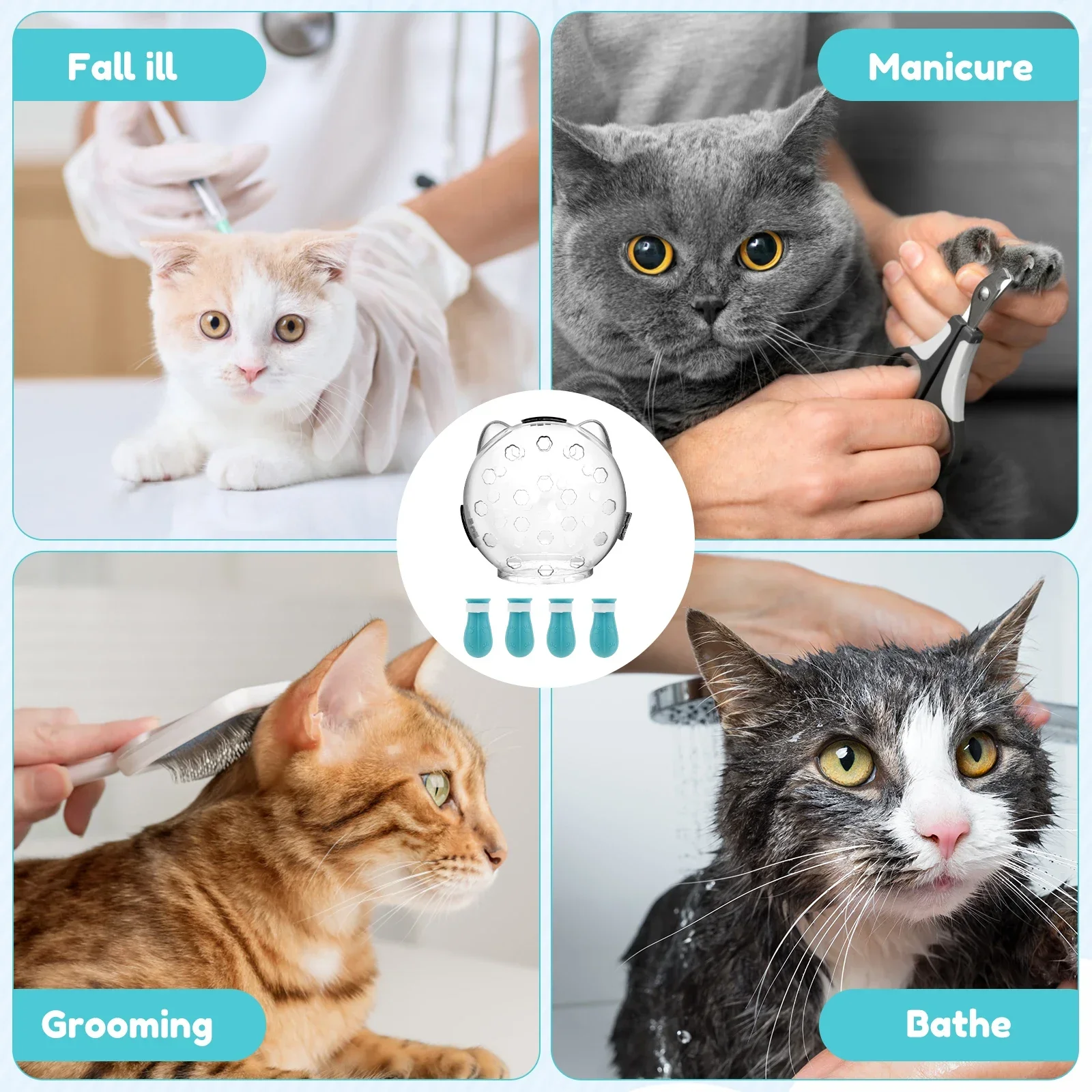 Cat Muzzle Breathable Transparent Anti-Bite Protective Space Hood Set Durable Cat Grooming Accessories with 4 Silicone Paw Shoes