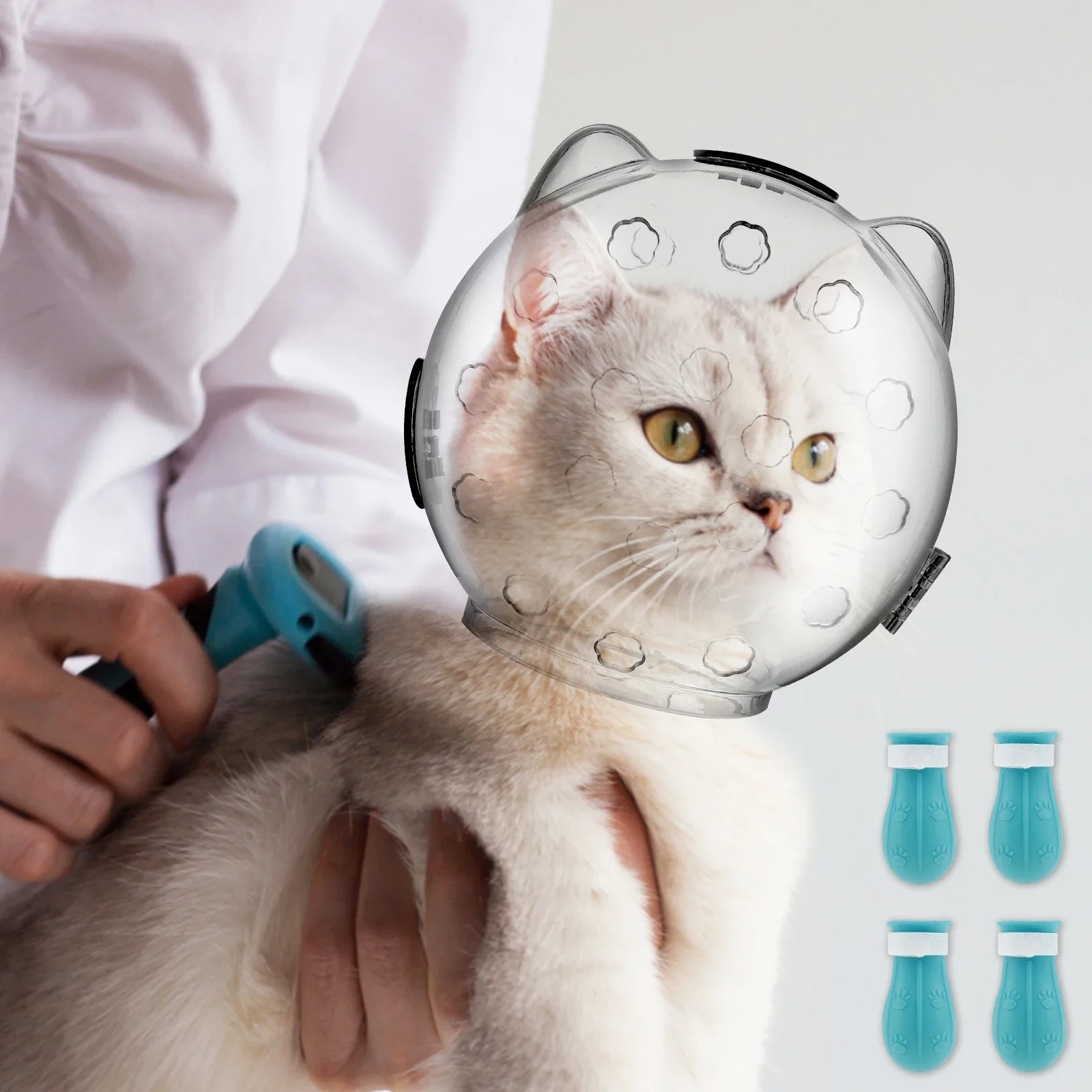 Cat Muzzle Breathable Transparent Anti-Bite Protective Space Hood Set Durable Cat Grooming Accessories with 4 Silicone Paw Shoes