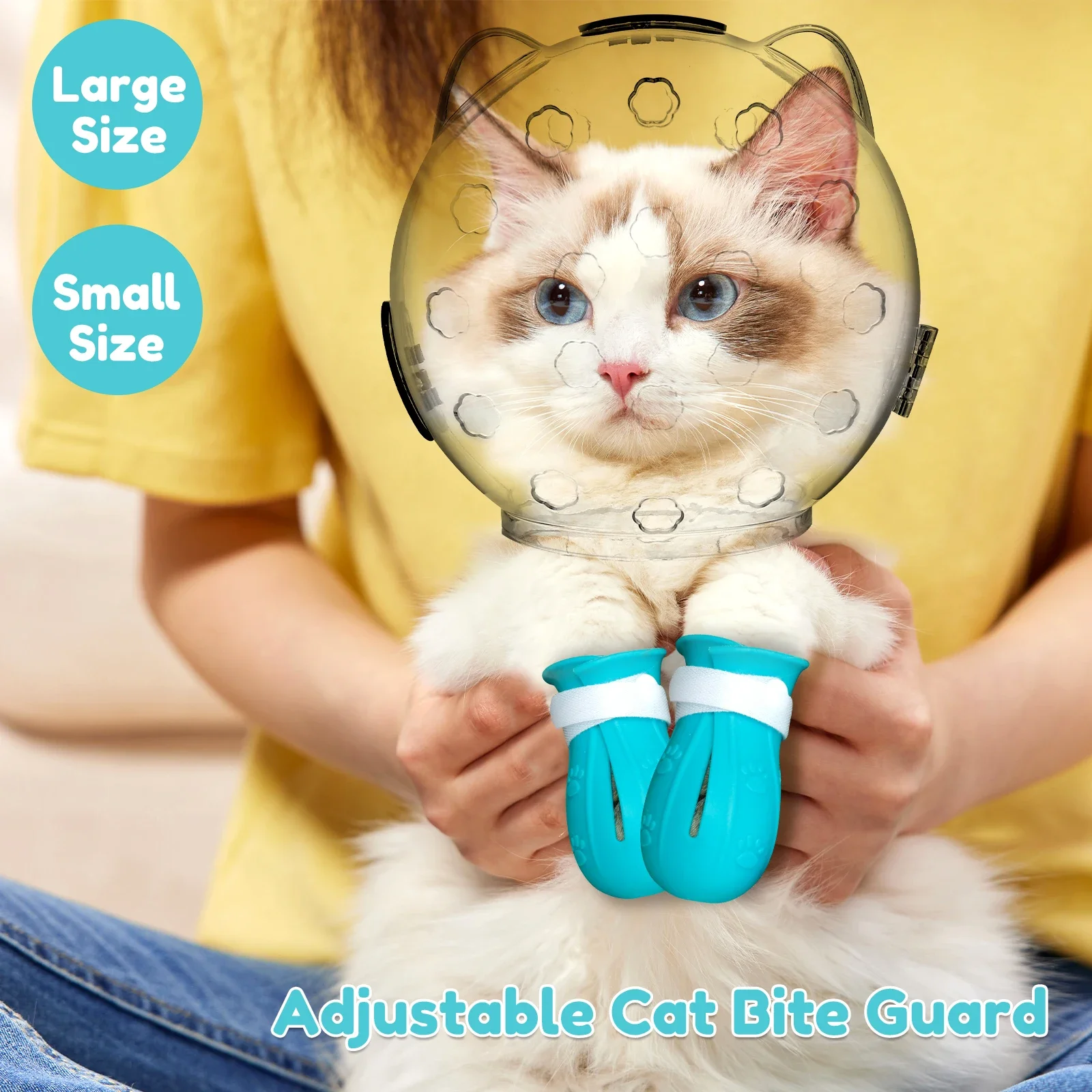 Cat Muzzle Breathable Transparent Anti-Bite Protective Space Hood Set Durable Cat Grooming Accessories with 4 Silicone Paw Shoes