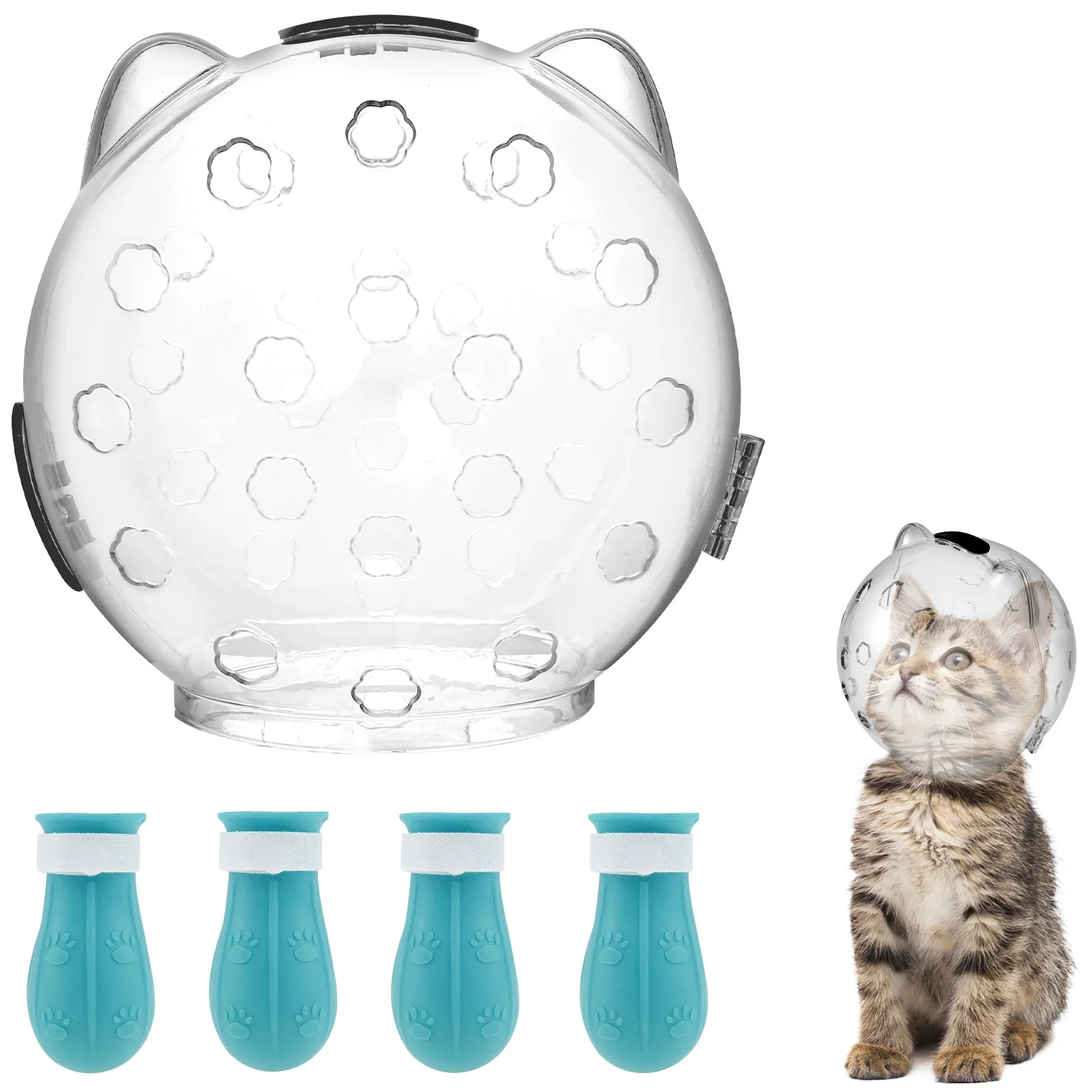 Cat Muzzle Breathable Transparent Anti-Bite Protective Space Hood Set Durable Cat Grooming Accessories with 4 Silicone Paw Shoes