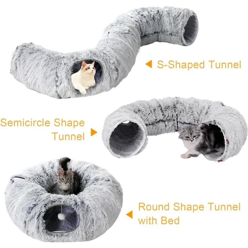 Plush Cat Bed with Tunnel for Indoor Cats Multifunctional Cat Tunnel Bed with Peephole  Fluffy Donut Cat Bed with Tunnel