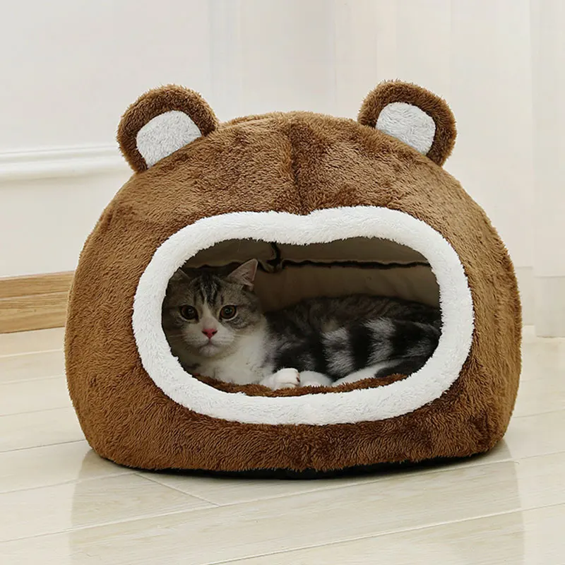 Funny Cat Bed Warm Pet House Soft Long Plush Kitten Lounger Cushion Small Dogs Tent Cave Beds For Cozy Cat House Mat Supplies