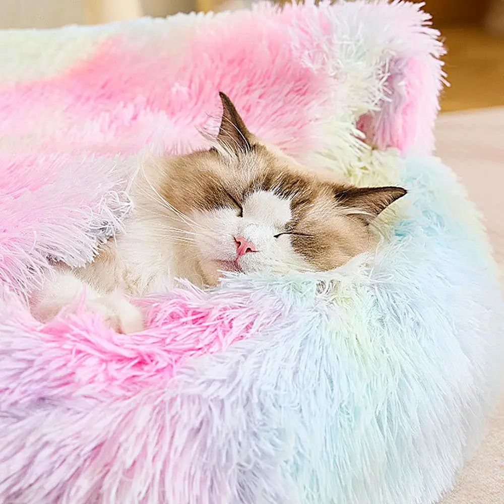 Cat Houses For Indoor Cats Cozy Cave Dog Bed Rainbow Cat Bed Cat House Dog Donut Bed Pet Furniture For Winter Cat Small Dog Home