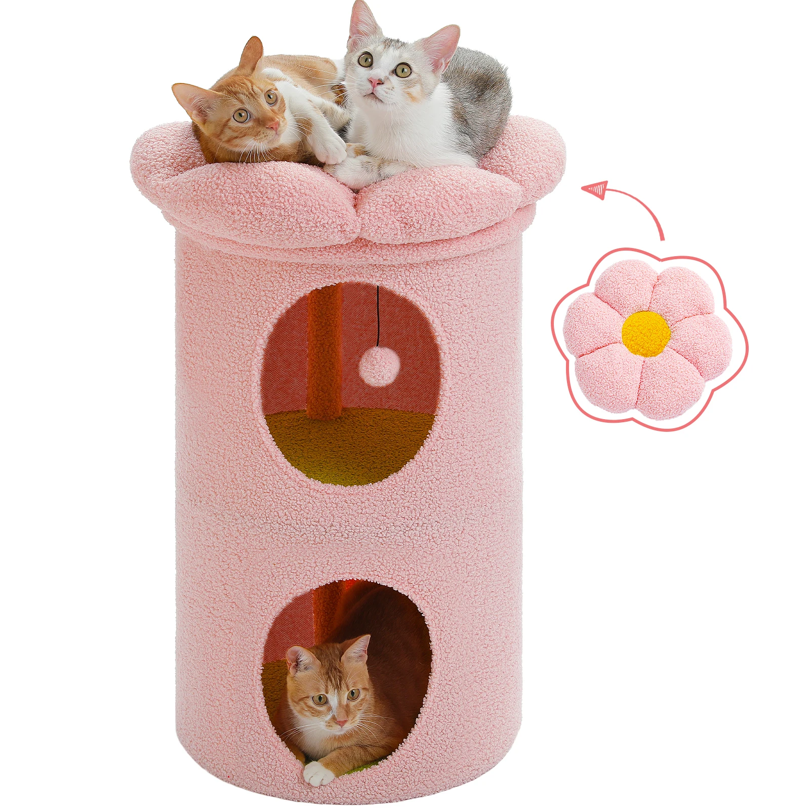 2-Storey Cat Beds for Indoor Cats Large Cat House with Removable Flower Cat Bed, Cute Cat Cave Cat Hideaway Indoor Cat  Condo