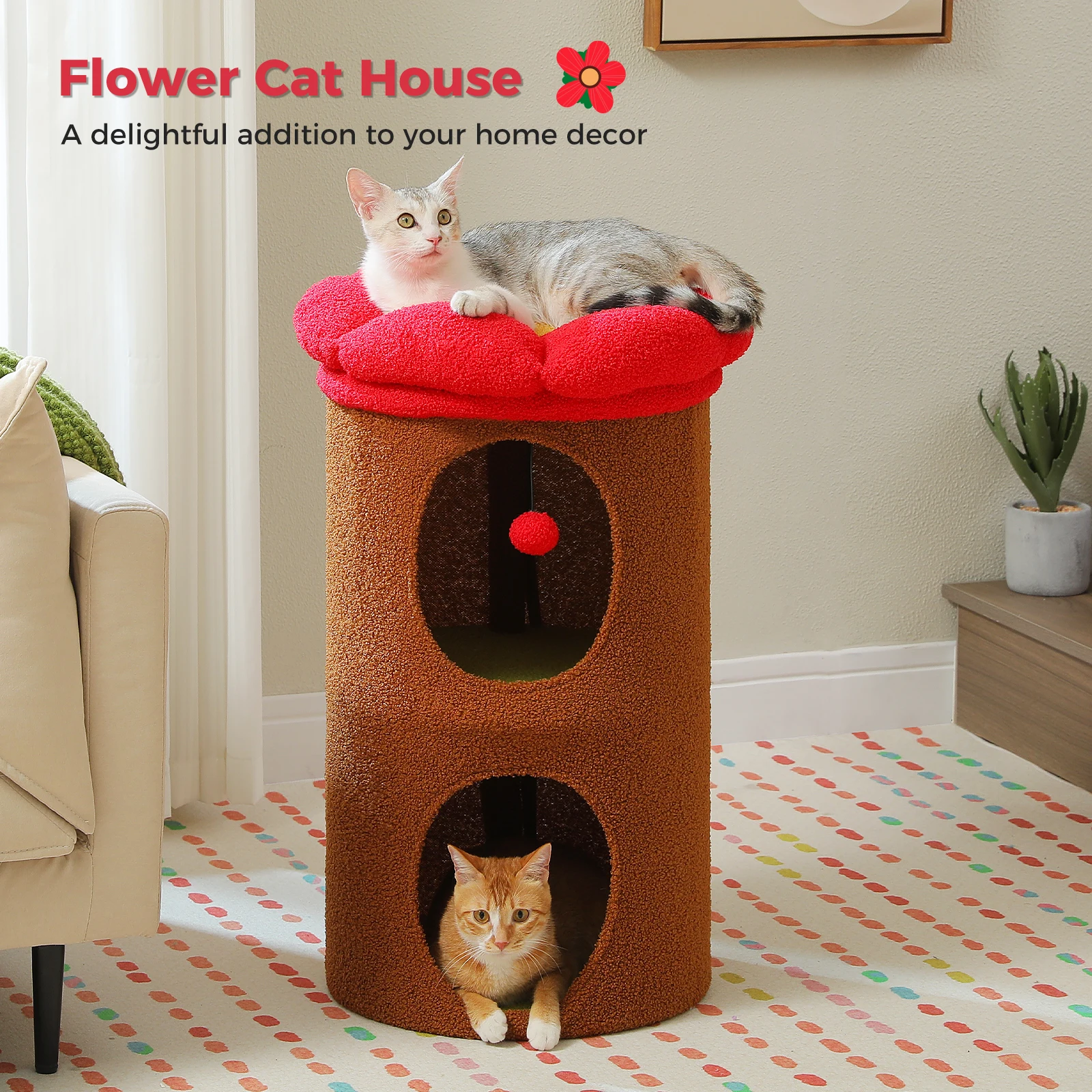 2-Storey Cat Beds for Indoor Cats Large Cat House with Removable Flower Cat Bed, Cute Cat Cave Cat Hideaway Indoor Cat  Condo