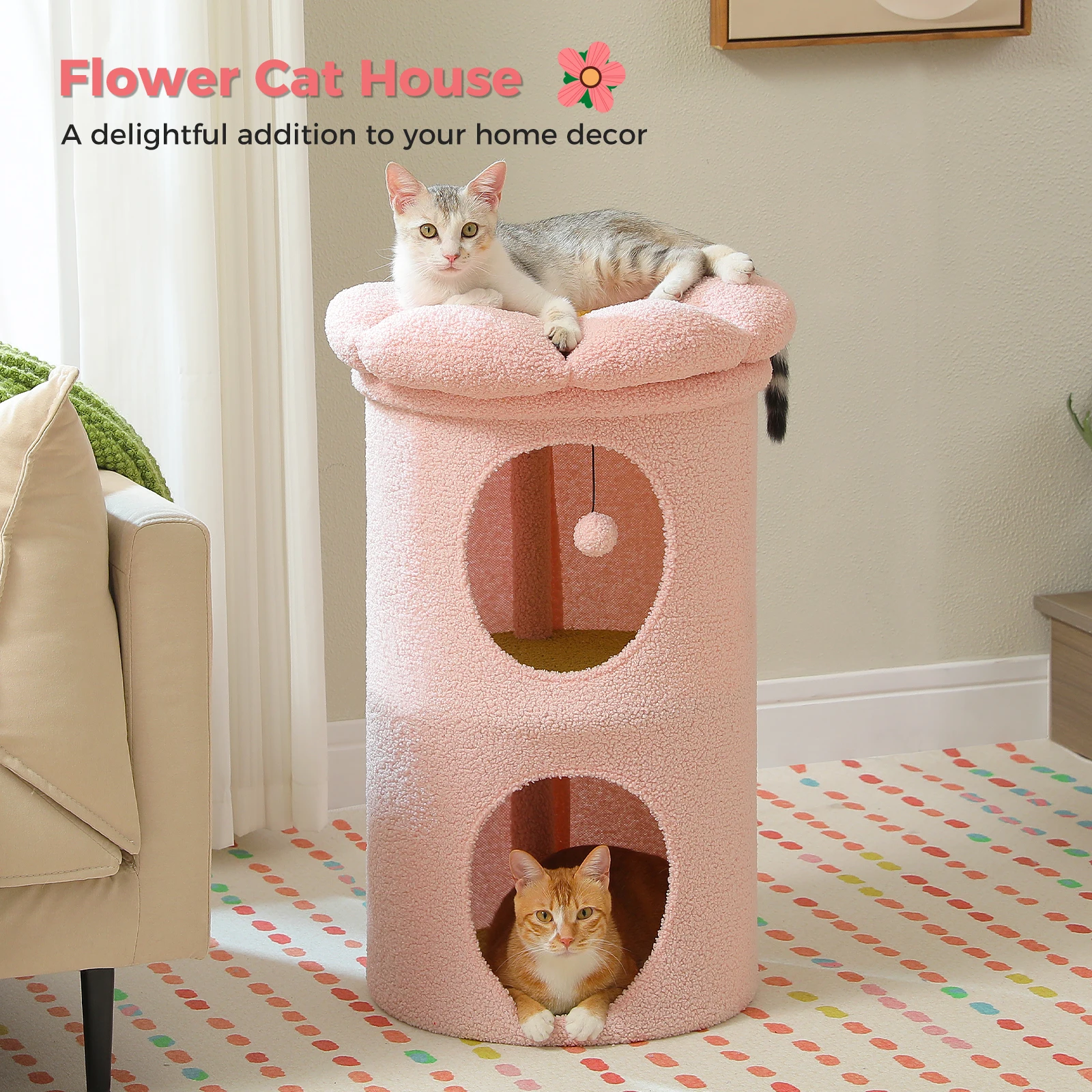 2-Storey Cat Beds for Indoor Cats Large Cat House with Removable Flower Cat Bed, Cute Cat Cave Cat Hideaway Indoor Cat  Condo