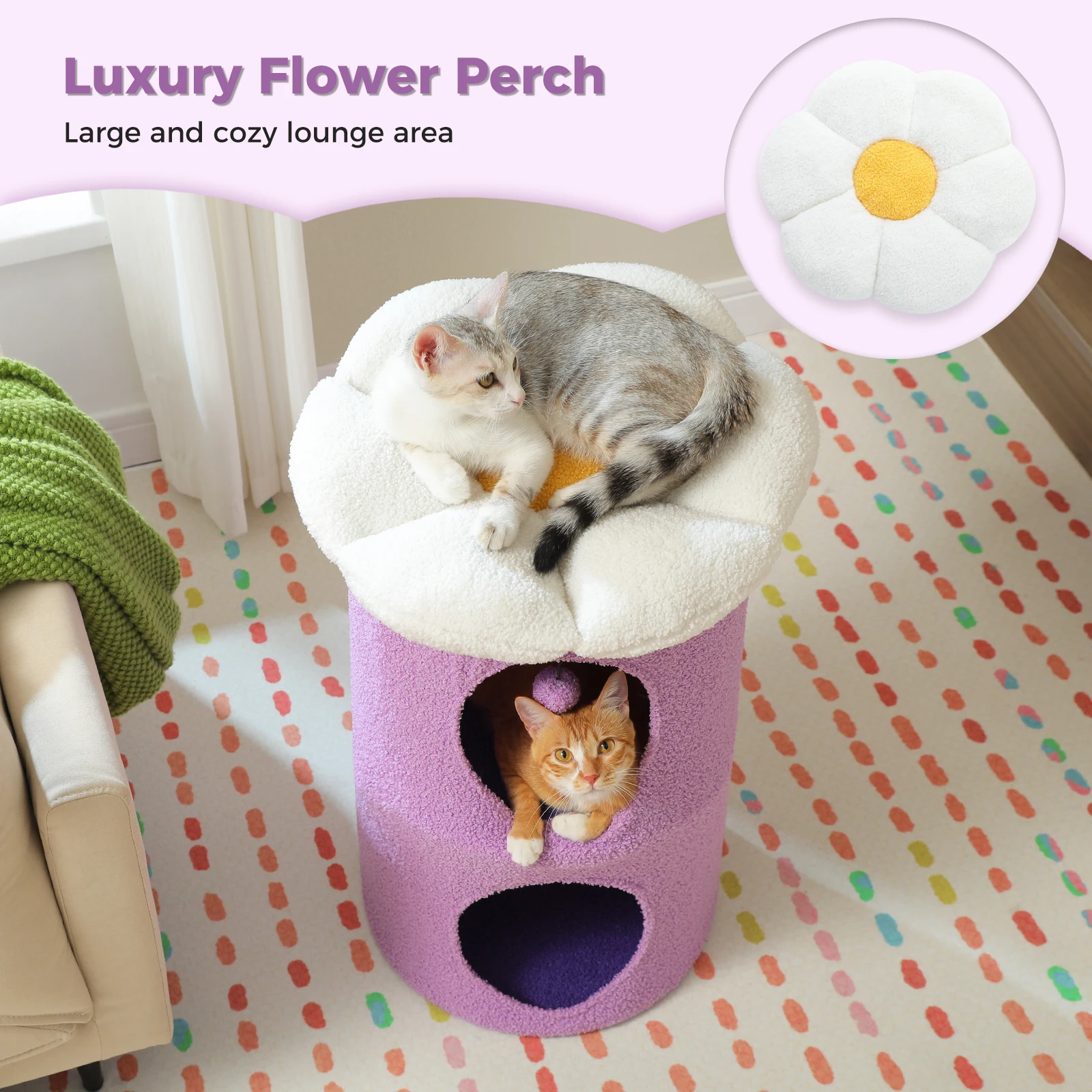 2-Storey Cat Beds for Indoor Cats Large Cat House with Removable Flower Cat Bed, Cute Cat Cave Cat Hideaway Indoor Cat  Condo