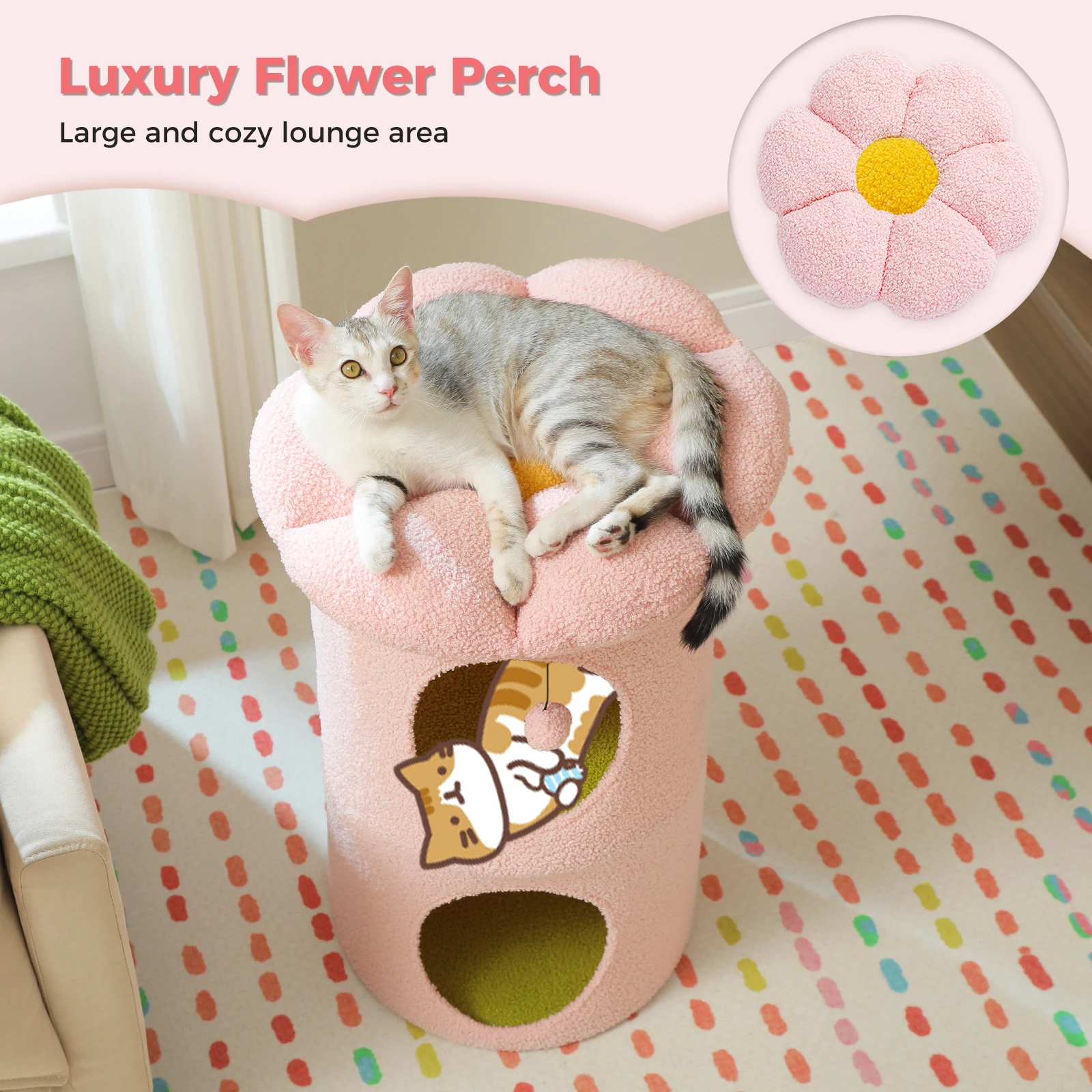 2-Storey Cat Beds for Indoor Cats Large Cat House with Removable Flower Cat Bed, Cute Cat Cave Cat Hideaway Indoor Cat  Condo