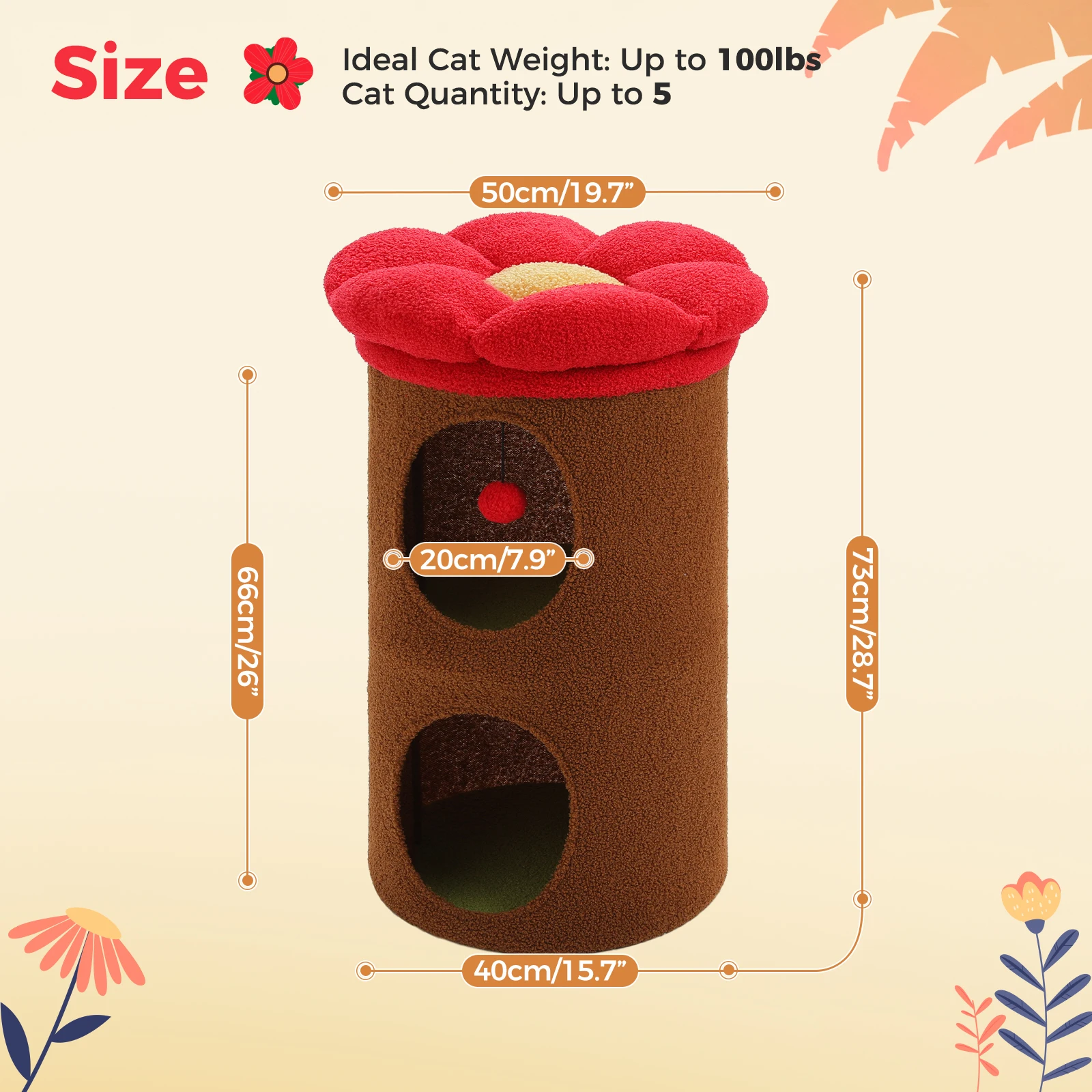 2-Storey Cat Beds for Indoor Cats Large Cat House with Removable Flower Cat Bed, Cute Cat Cave Cat Hideaway Indoor Cat  Condo