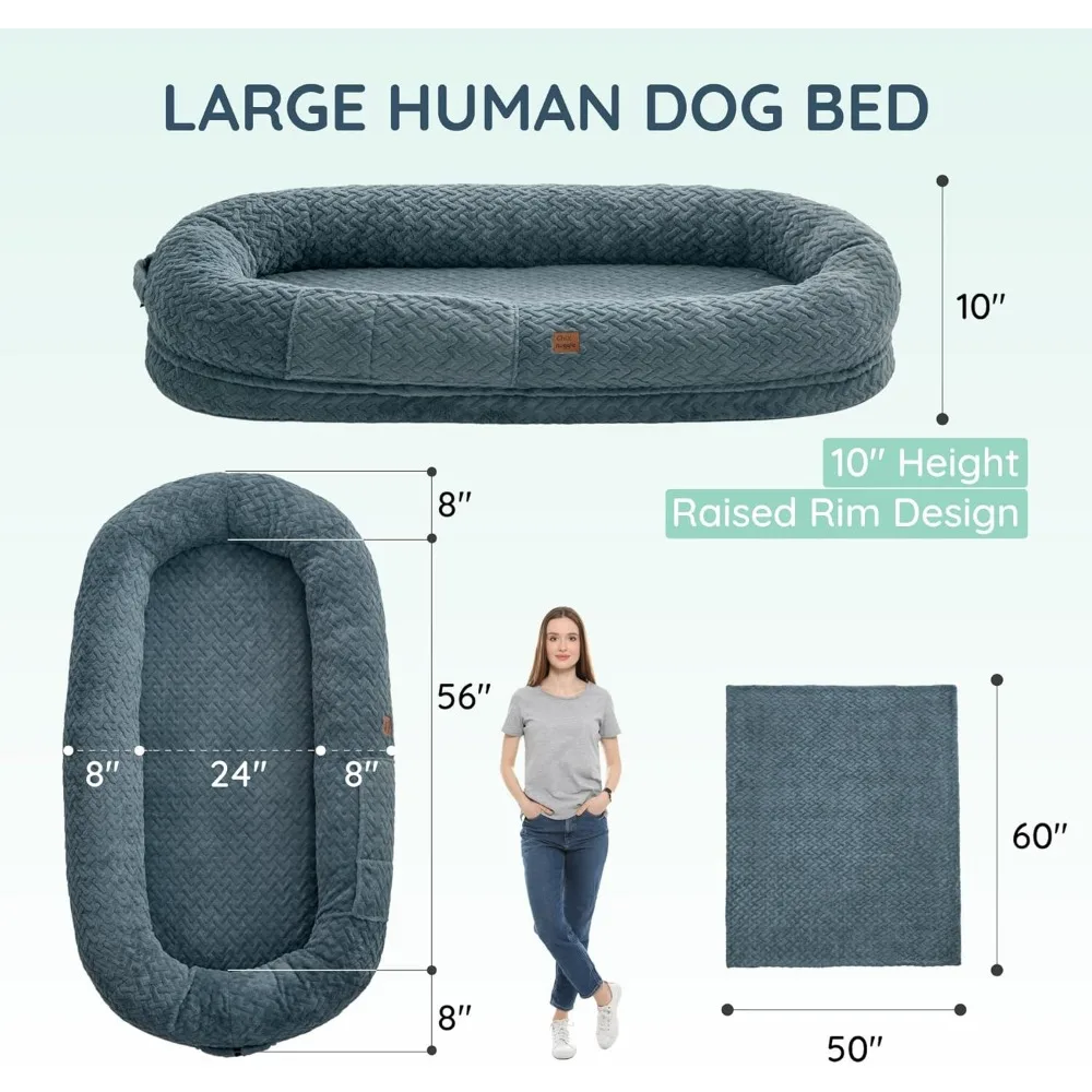 Human Dog Bed for Adult - Luxury Faux Fur Giant Human Size Dog Bed with Portable Handle, Egg Orthopedic Foam Dog Human Bed with