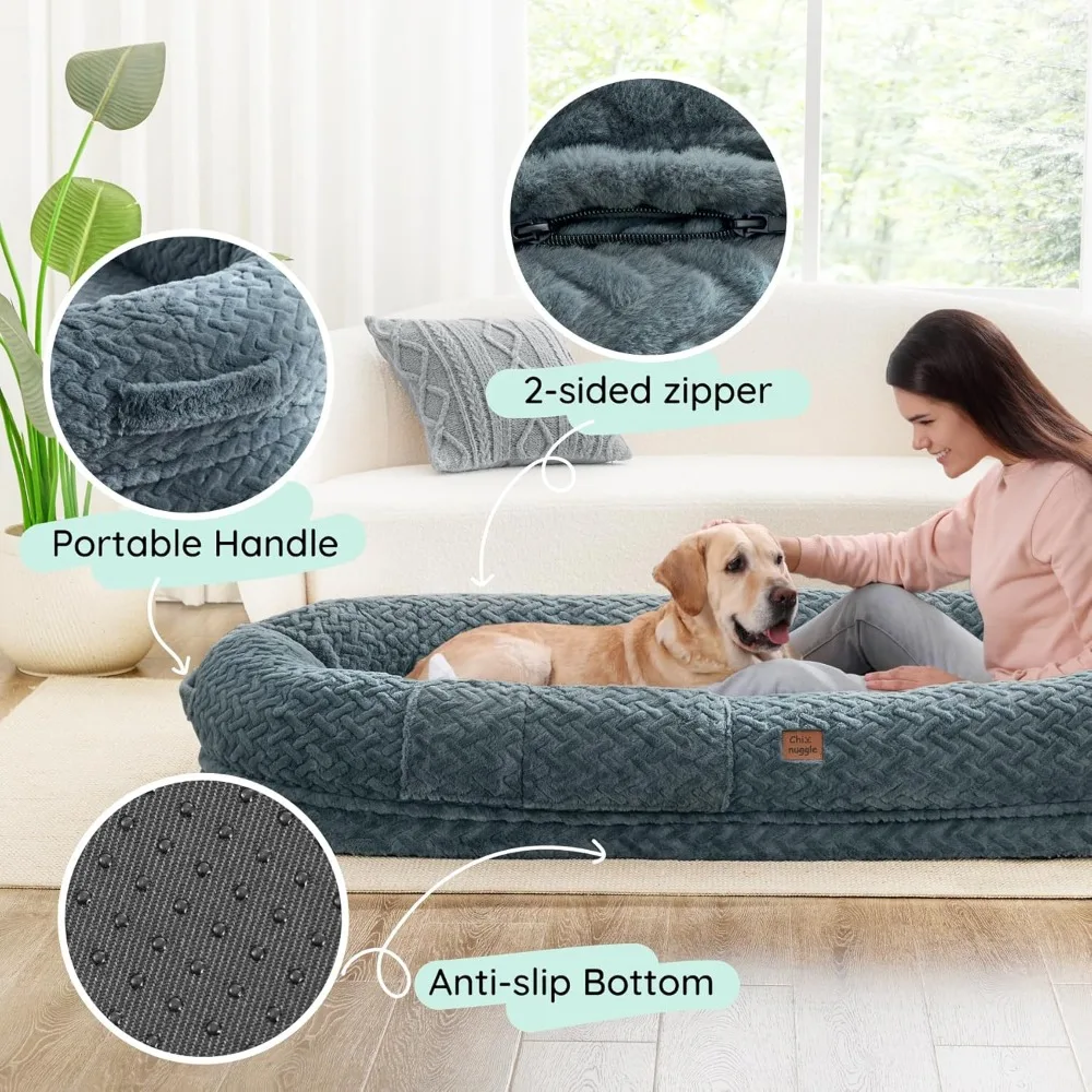 Human Dog Bed for Adult - Luxury Faux Fur Giant Human Size Dog Bed with Portable Handle, Egg Orthopedic Foam Dog Human Bed with