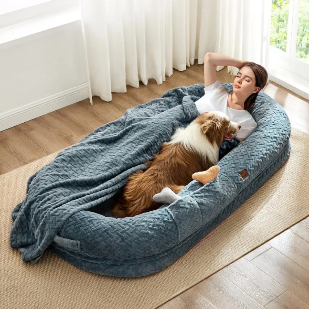 Human Dog Bed for Adult - Luxury Faux Fur Giant Human Size Dog Bed with Portable Handle, Egg Orthopedic Foam Dog Human Bed with