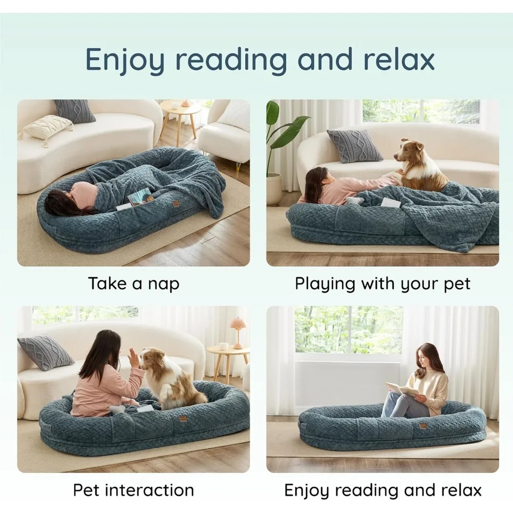 Human Dog Bed for Adult - Luxury Faux Fur Giant Human Size Dog Bed with Portable Handle, Egg Orthopedic Foam Dog Human Bed with