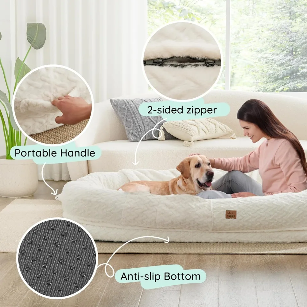 Human Dog Bed for Adult - Luxury Faux Fur Giant Human Size Dog Bed with Portable Handle, Egg Orthopedic Foam Dog Human Bed with