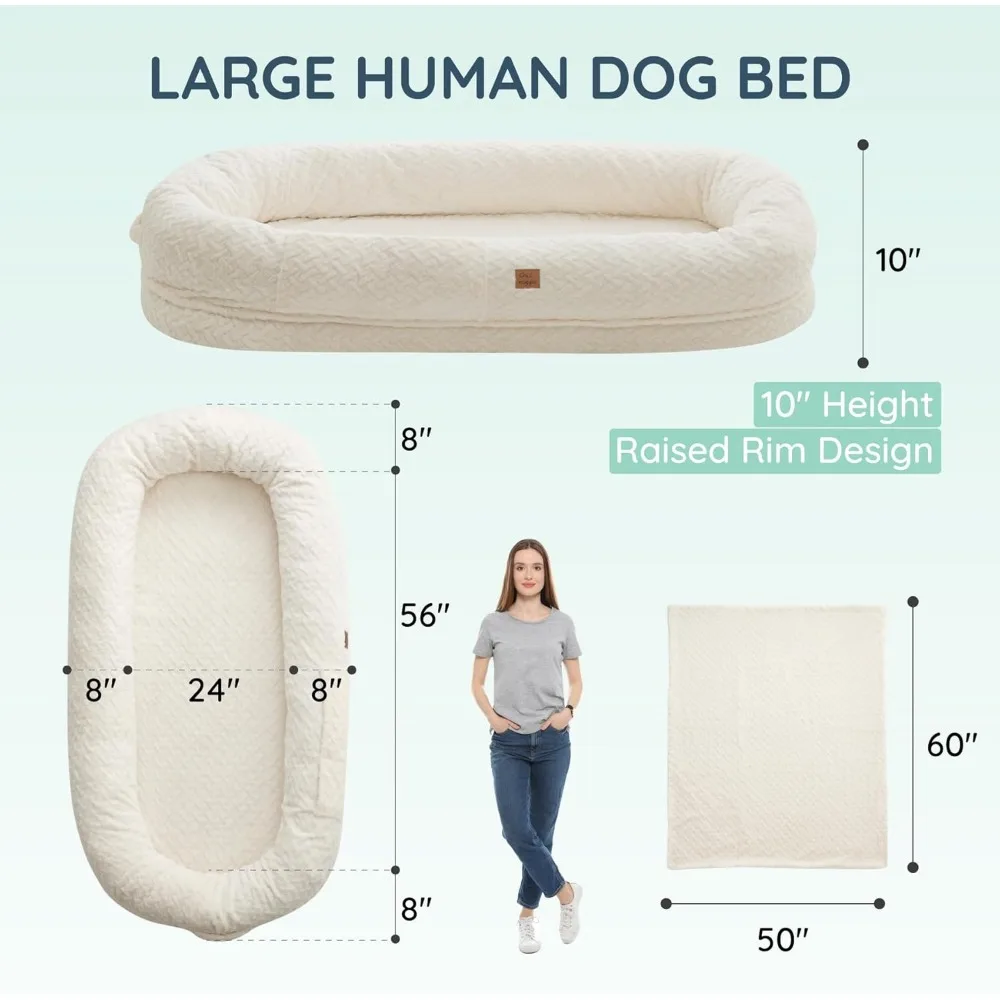 Human Dog Bed for Adult - Luxury Faux Fur Giant Human Size Dog Bed with Portable Handle, Egg Orthopedic Foam Dog Human Bed with