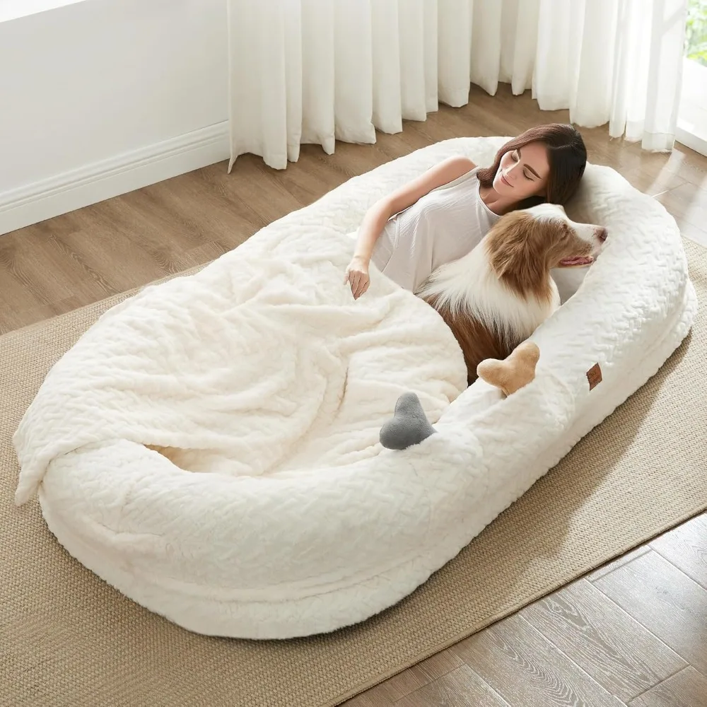 Human Dog Bed for Adult - Luxury Faux Fur Giant Human Size Dog Bed with Portable Handle, Egg Orthopedic Foam Dog Human Bed with