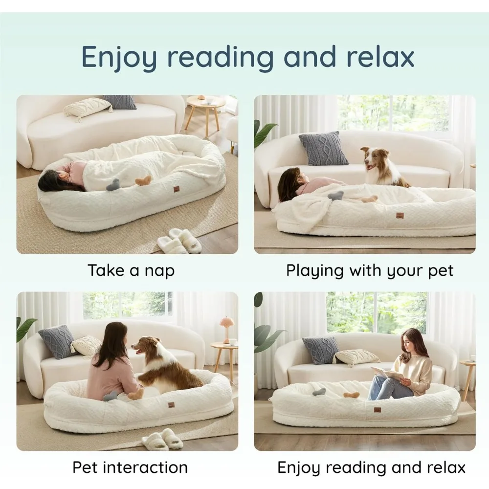 Human Dog Bed for Adult - Luxury Faux Fur Giant Human Size Dog Bed with Portable Handle, Egg Orthopedic Foam Dog Human Bed with