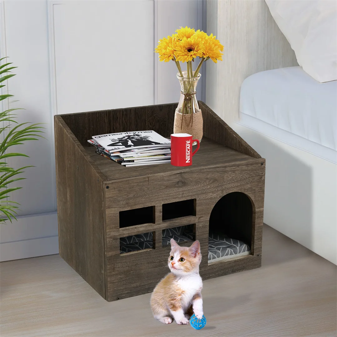 Wooden Cat Cave Bed Furniture Kitten Sleep Lounge House Bed with Cushion Pad Litter Box for Indoor Cats