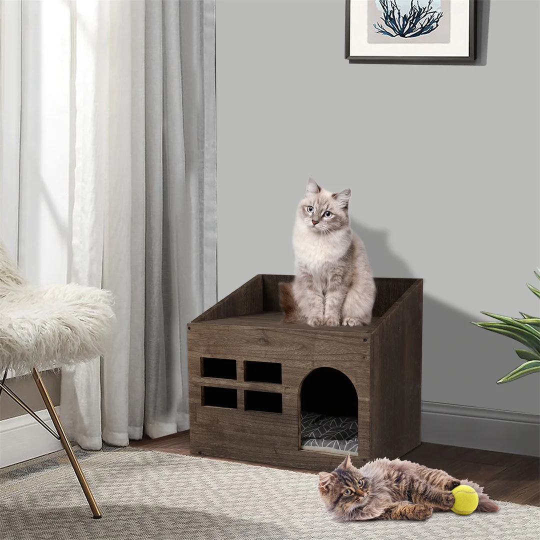 Wooden Cat Cave Bed Furniture Kitten Sleep Lounge House Bed with Cushion Pad Litter Box for Indoor Cats