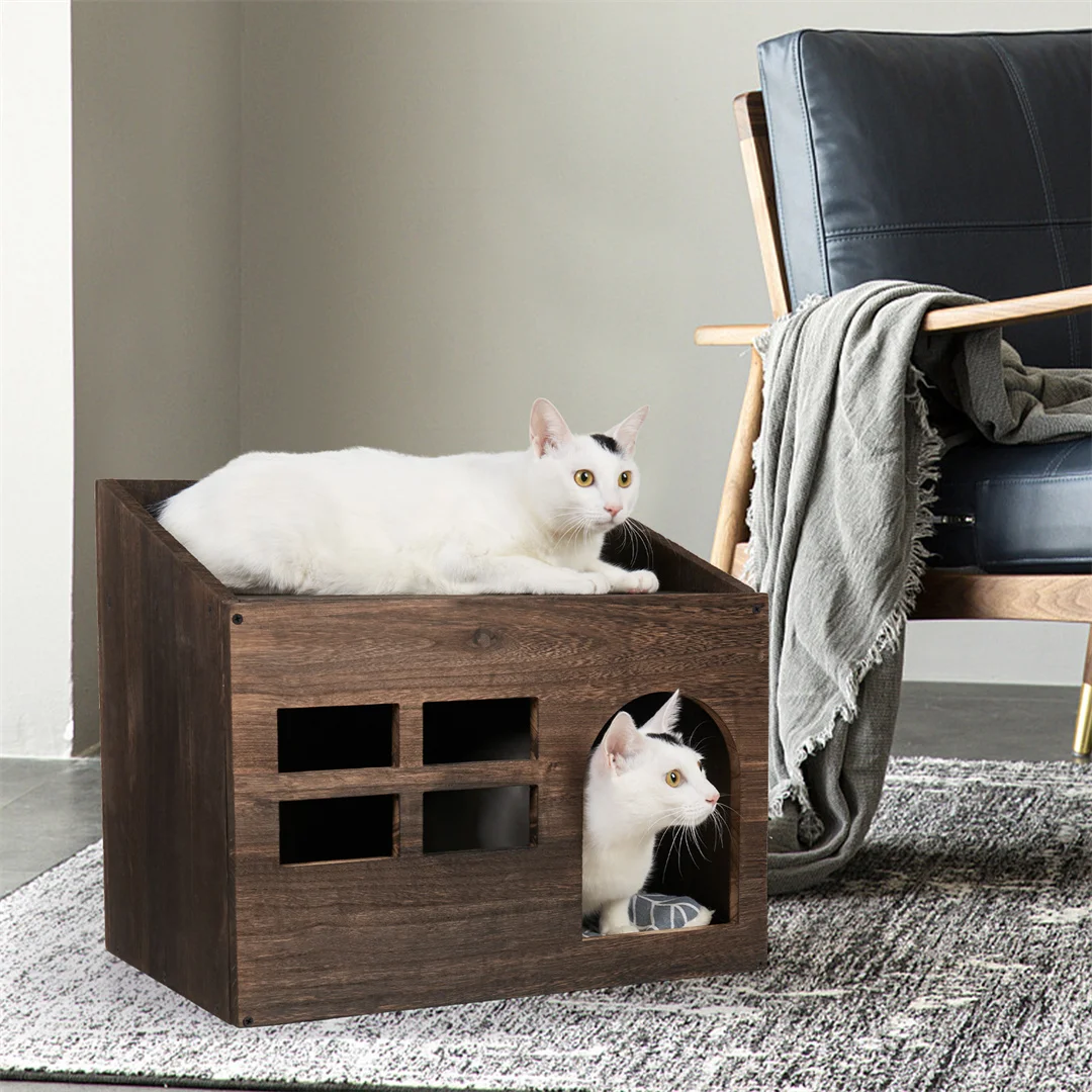 Wooden Cat Cave Bed Furniture Kitten Sleep Lounge House Bed with Cushion Pad Litter Box for Indoor Cats