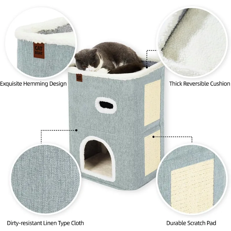 2-Storey Cat House for Indoor Cats Bed, Covered Cat Beds & Furniture with Scratch Pad and Hideaway Cave, Cute Modern Cat Condo