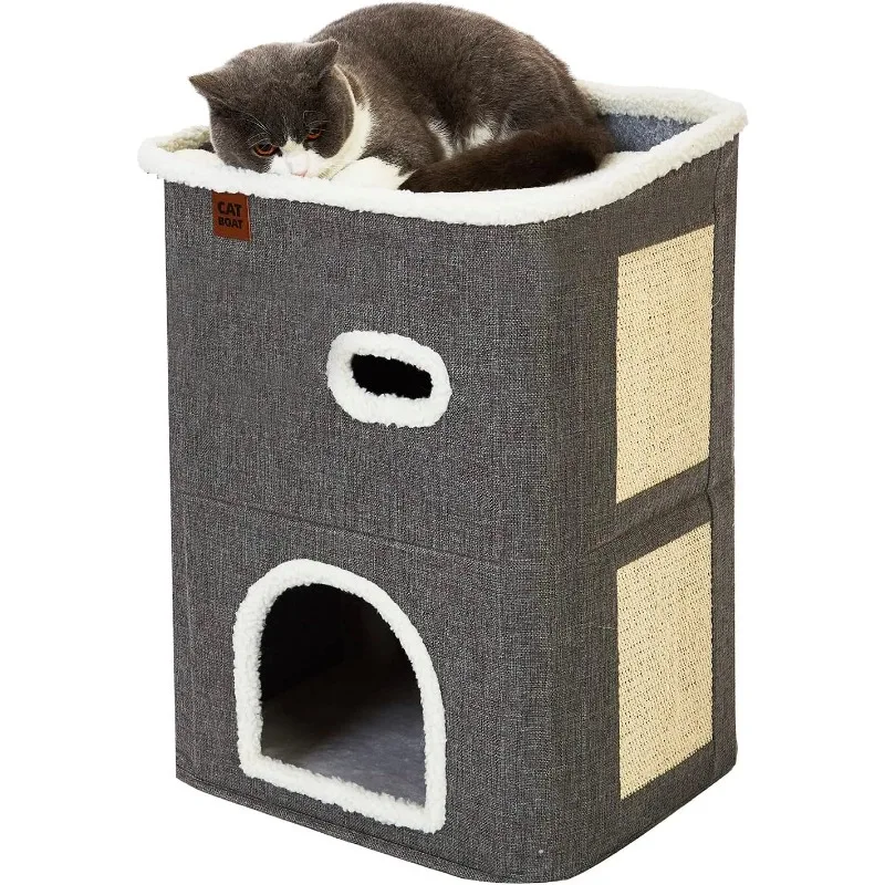 2-Storey Cat House for Indoor Cats Bed, Covered Cat Beds & Furniture with Scratch Pad and Hideaway Cave, Cute Modern Cat Condo