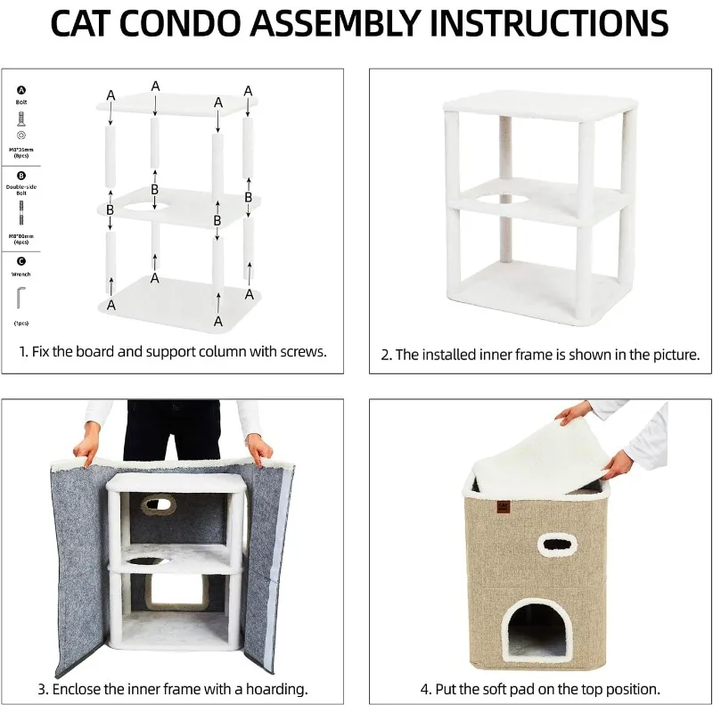 2-Storey Cat House for Indoor Cats Bed, Covered Cat Beds & Furniture with Scratch Pad and Hideaway Cave, Cute Modern Cat Condo