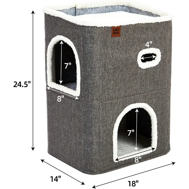 2-Storey Cat House for Indoor Cats Bed, Covered Cat Beds & Furniture with Scratch Pad and Hideaway Cave, Cute Modern Cat Condo