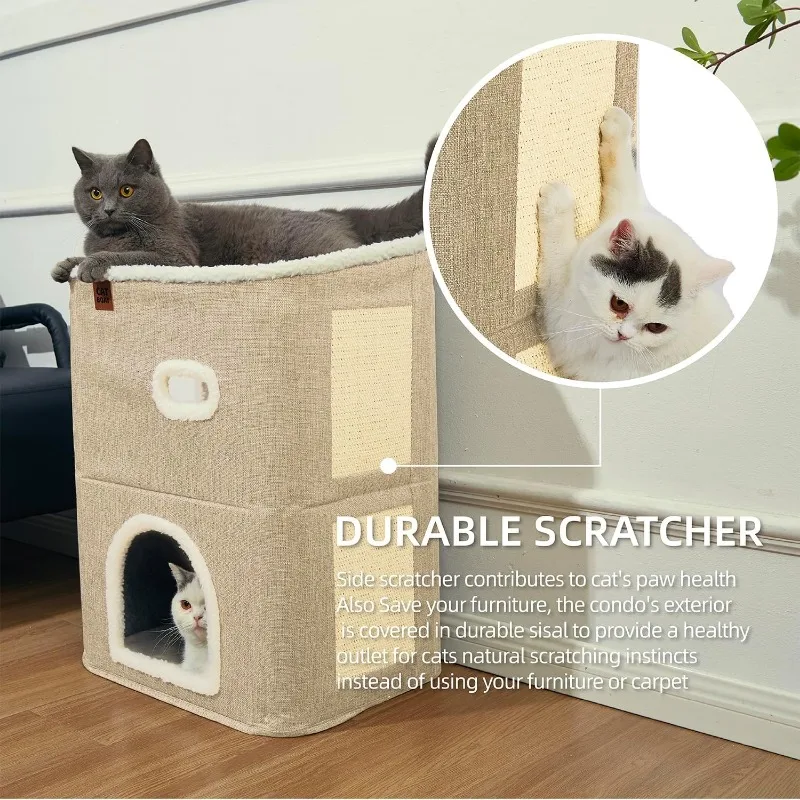 2-Storey Cat House for Indoor Cats Bed, Covered Cat Beds & Furniture with Scratch Pad and Hideaway Cave, Cute Modern Cat Condo