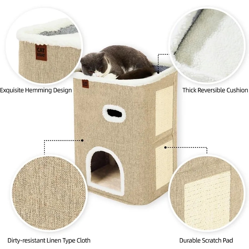 2-Storey Cat House for Indoor Cats Bed, Covered Cat Beds & Furniture with Scratch Pad and Hideaway Cave, Cute Modern Cat Condo