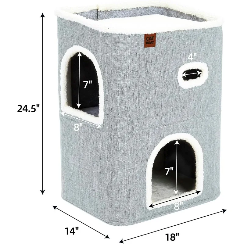 2-Storey Cat House for Indoor Cats Bed, Covered Cat Beds & Furniture with Scratch Pad and Hideaway Cave, Cute Modern Cat Condo