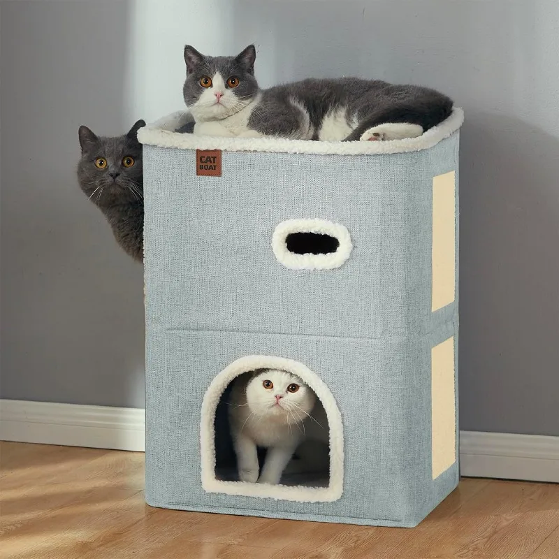 2-Storey Cat House for Indoor Cats Bed, Covered Cat Beds & Furniture with Scratch Pad and Hideaway Cave, Cute Modern Cat Condo