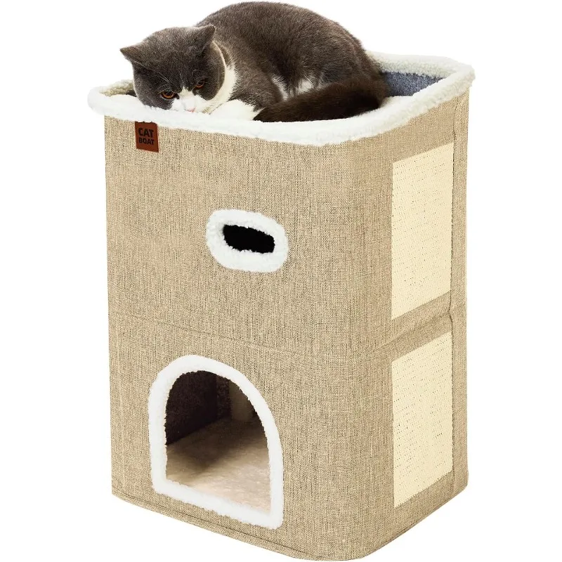 2-Storey Cat House for Indoor Cats Bed, Covered Cat Beds & Furniture with Scratch Pad and Hideaway Cave, Cute Modern Cat Condo