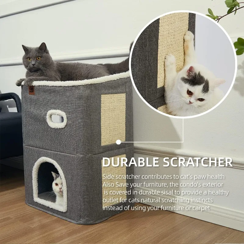 2-Storey Cat House for Indoor Cats Bed, Covered Cat Beds & Furniture with Scratch Pad and Hideaway Cave, Cute Modern Cat Condo