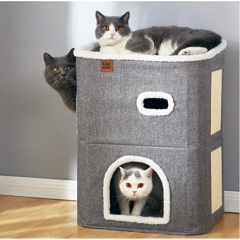 2-Storey Cat House for Indoor Cats Bed, Covered Cat Beds & Furniture with Scratch Pad and Hideaway Cave, Cute Modern Cat Condo