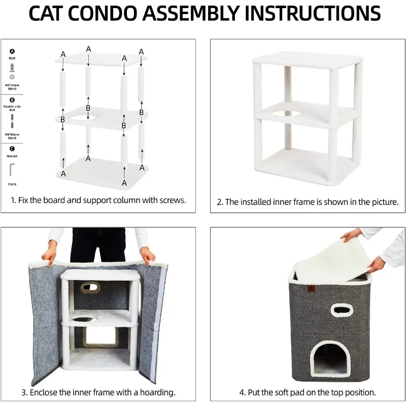 2-Storey Cat House for Indoor Cats Bed, Covered Cat Beds & Furniture with Scratch Pad and Hideaway Cave, Cute Modern Cat Condo