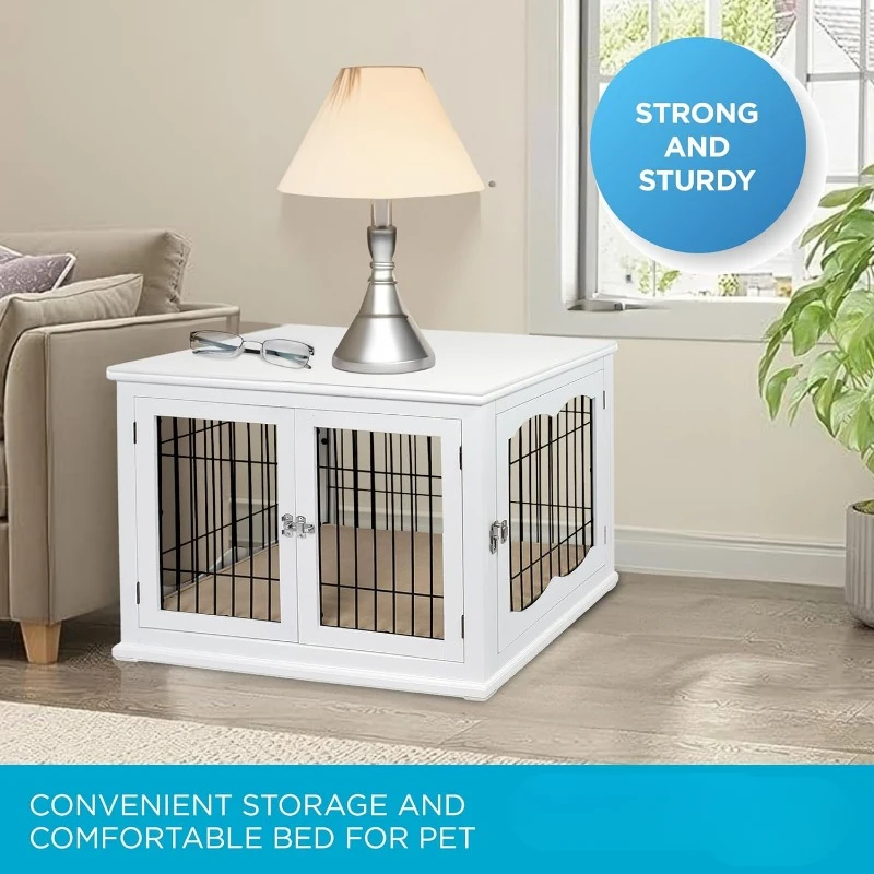 Dog Kennel with Pet Bed, Double Door Indoor Crate,Wood & Wire Furniture,Side Table & Nightstand,Fits Small Dogs - White