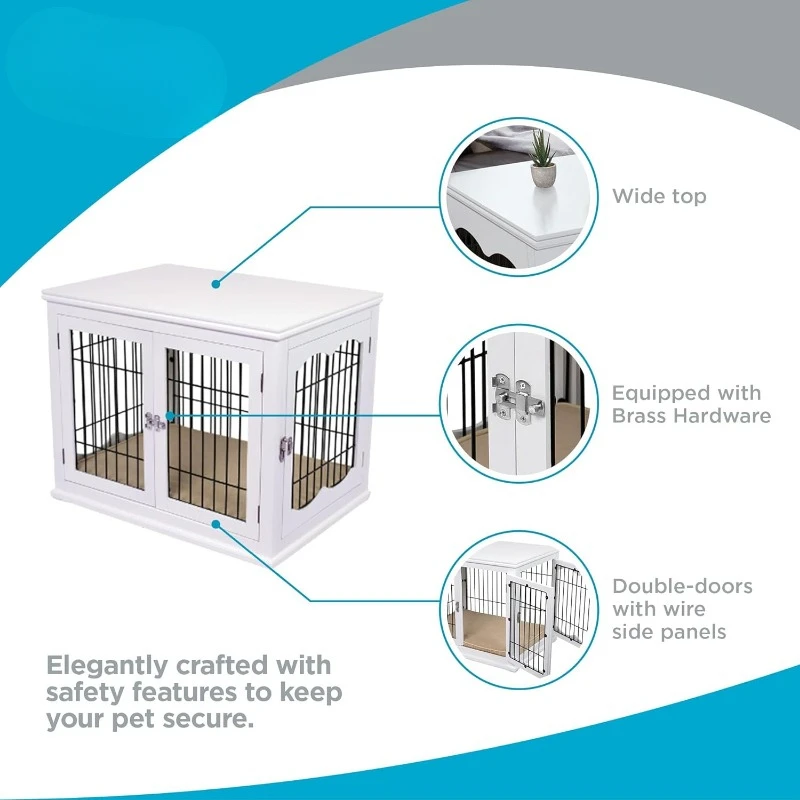 Dog Kennel with Pet Bed, Double Door Indoor Crate,Wood & Wire Furniture,Side Table & Nightstand,Fits Small Dogs - White