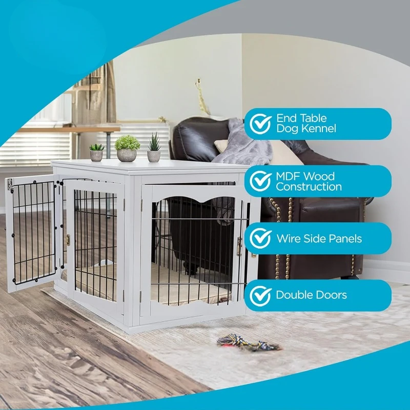 Dog Kennel with Pet Bed, Double Door Indoor Crate,Wood & Wire Furniture,Side Table & Nightstand,Fits Small Dogs - White