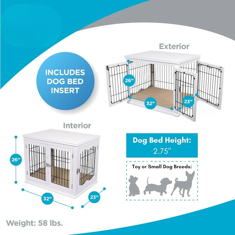 Dog Kennel with Pet Bed, Double Door Indoor Crate,Wood & Wire Furniture,Side Table & Nightstand,Fits Small Dogs - White