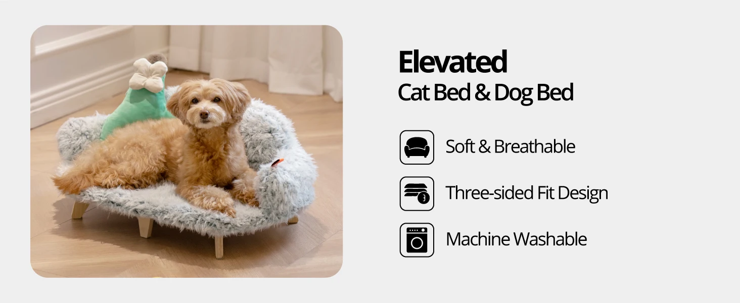 Mewoofun Cat Bed with Removable Washable Cover Elevated Cat Couch for Cats & Small Medium Dogs Wooden Pet Sofa Pet Furniture