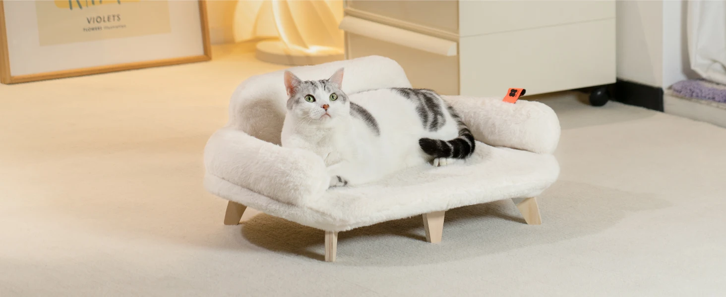 Mewoofun Cat Bed with Removable Washable Cover Elevated Cat Couch for Cats & Small Medium Dogs Wooden Pet Sofa Pet Furniture