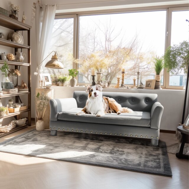 Elevated Dog Bed Sofa Microfiber Leather Cover Luxurious Extra Large Pet Snuggle Lounge Chair with Removable Cushion - Image 2