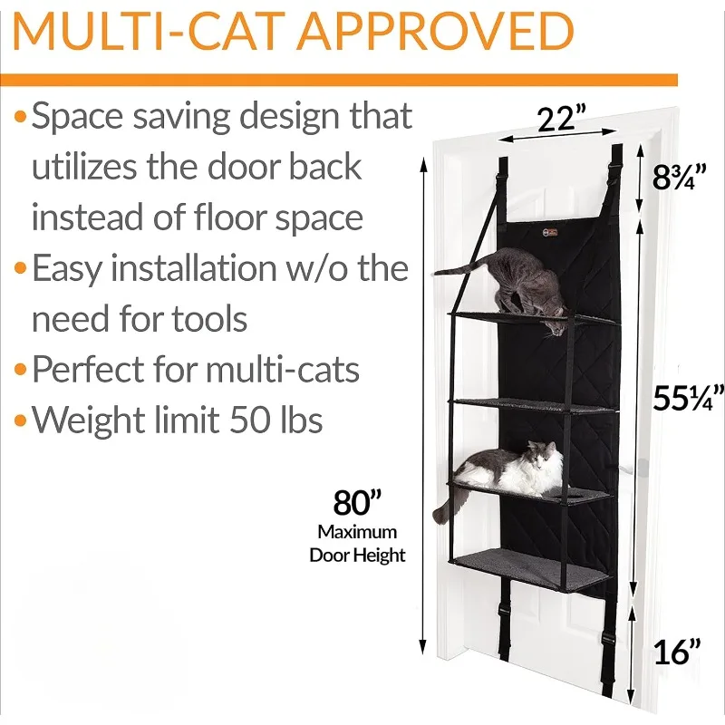 Hangin’ Cat Tree - Door Mounted Climber Cat Wall Perch Furniture Cat Hammock for Indoor, Hanging / Elevated Bed - 4 Story Gray