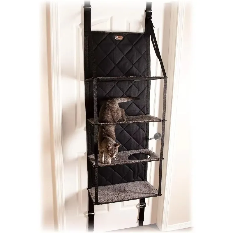 Hangin’ Cat Tree - Door Mounted Climber Cat Wall Perch Furniture Cat Hammock for Indoor, Hanging / Elevated Bed - 4 Story Gray