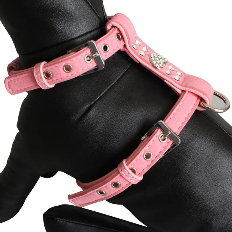 Pet Chest Strap Shining Rhinestone Heart design Vest Harnesses Dog Collar Small Dog Puppy Cat Leather Leash Pet Supplies