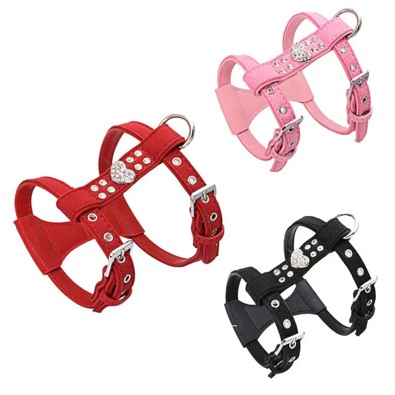 Pet Chest Strap Shining Rhinestone Heart design Vest Harnesses Dog Collar Small Dog Puppy Cat Leather Leash Pet Supplies